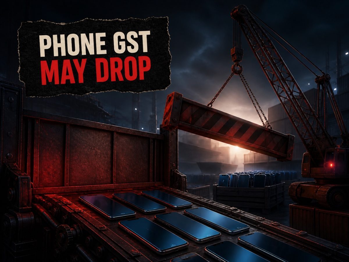 Smartphones pass beneath a lifting tax barrier at a cargo terminal