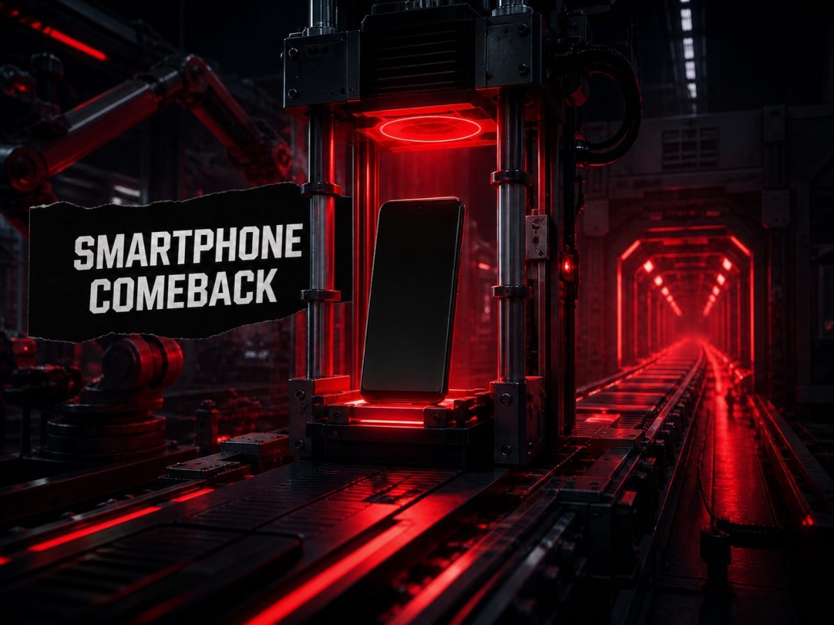 Unbranded smartphone prototype reactivating on a red-lit testing and launch line