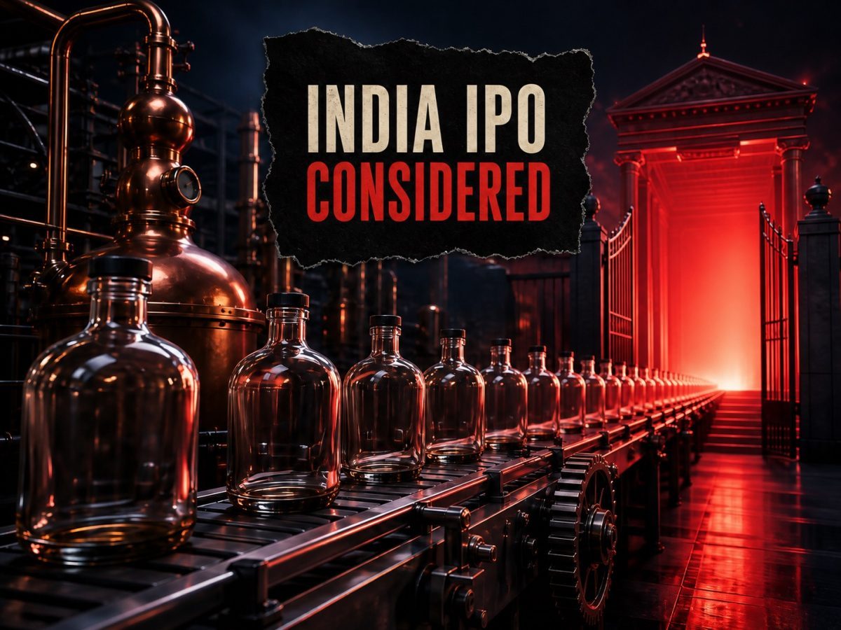Unbranded spirits bottles moving from a distillery toward an India public-listing gate