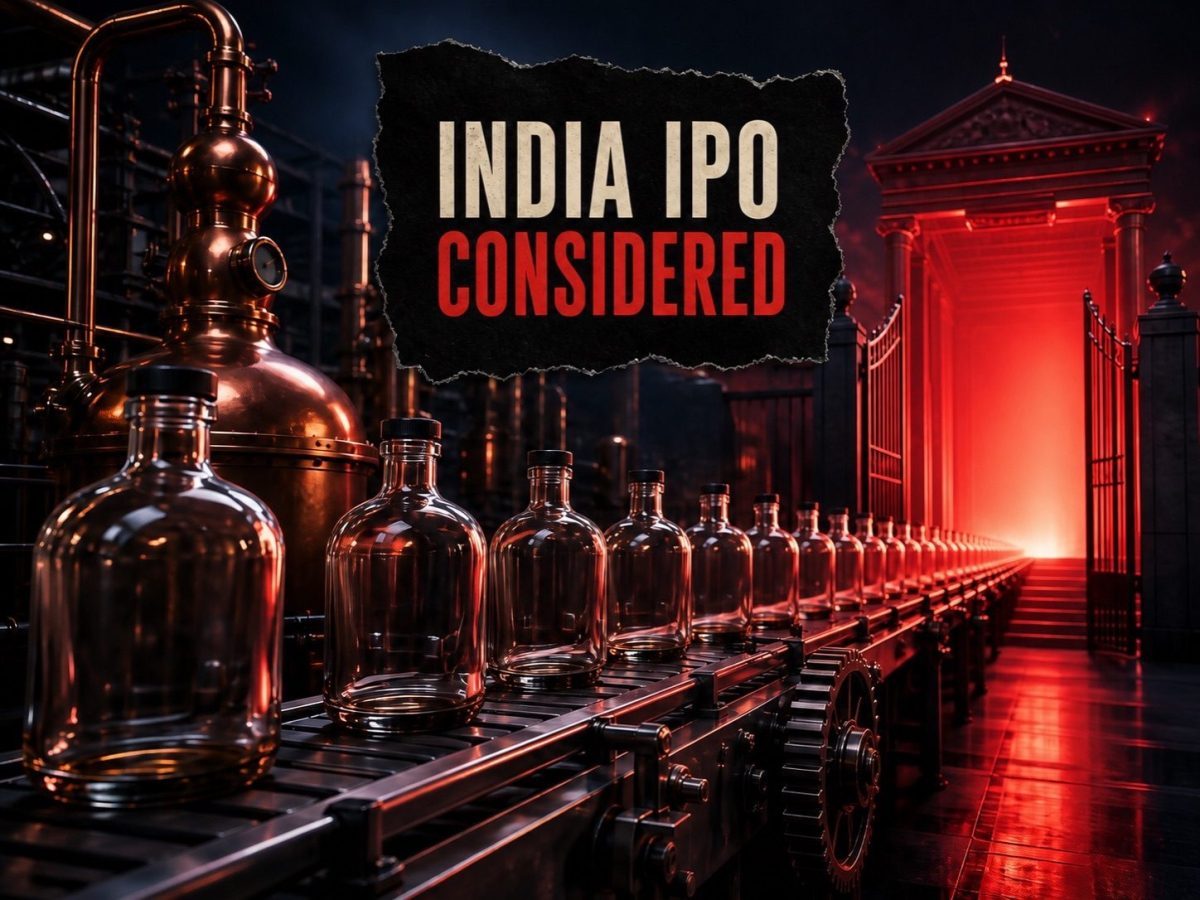 Unbranded spirits bottles moving from a distillery toward an India public-listing gate