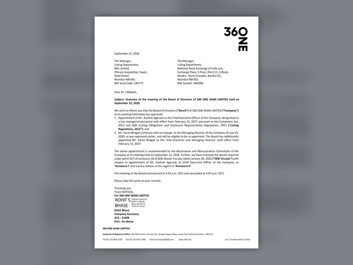 360 ONE WAM official exchange filing announcing Aashish Agarwal as chief executive from February 2027