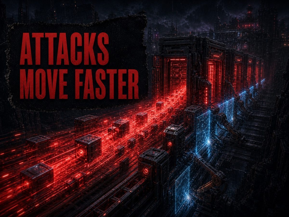 Red automated attack traffic races toward blue enterprise defences under the headline Attacks Move Faster.
