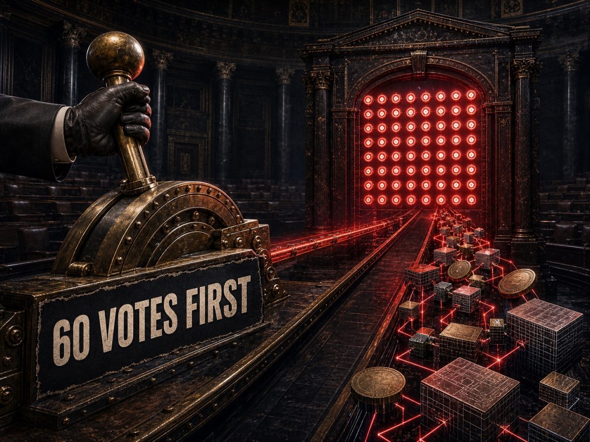 Legislative lever faces a 60-vote gate as a digital-asset network approaches Senate debate.