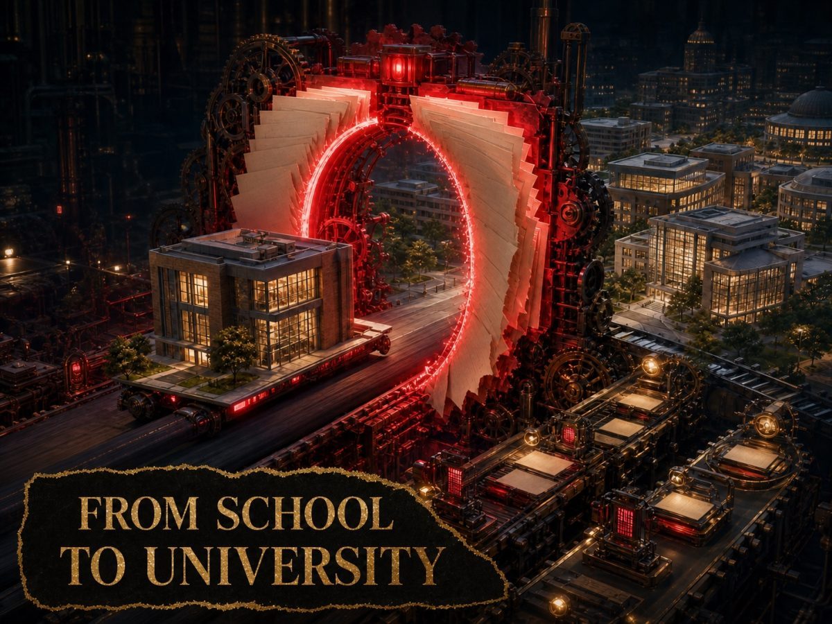 A focused business-school structure expands through a legislative gateway into a larger regulated university campus.