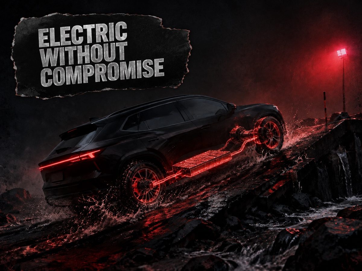 Range Rover Electric driving through water in a mountain landscape