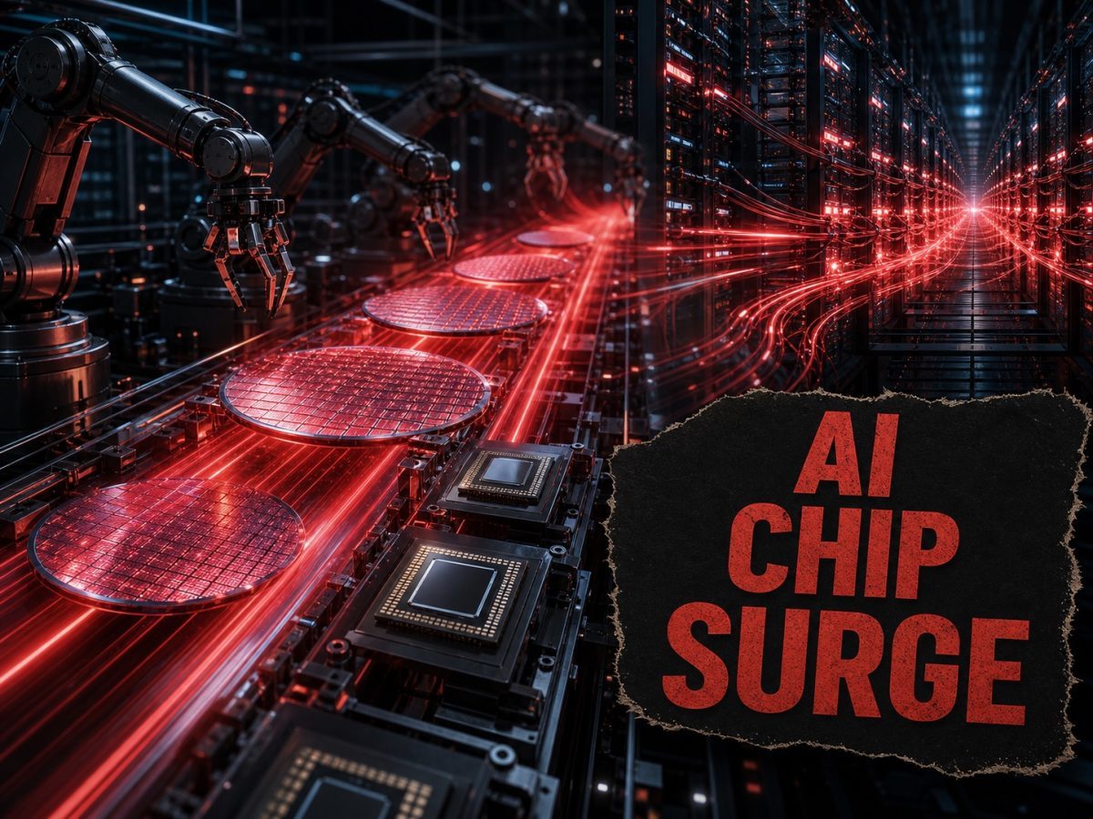 AI accelerator wafers move through a semiconductor line into data center infrastructure
