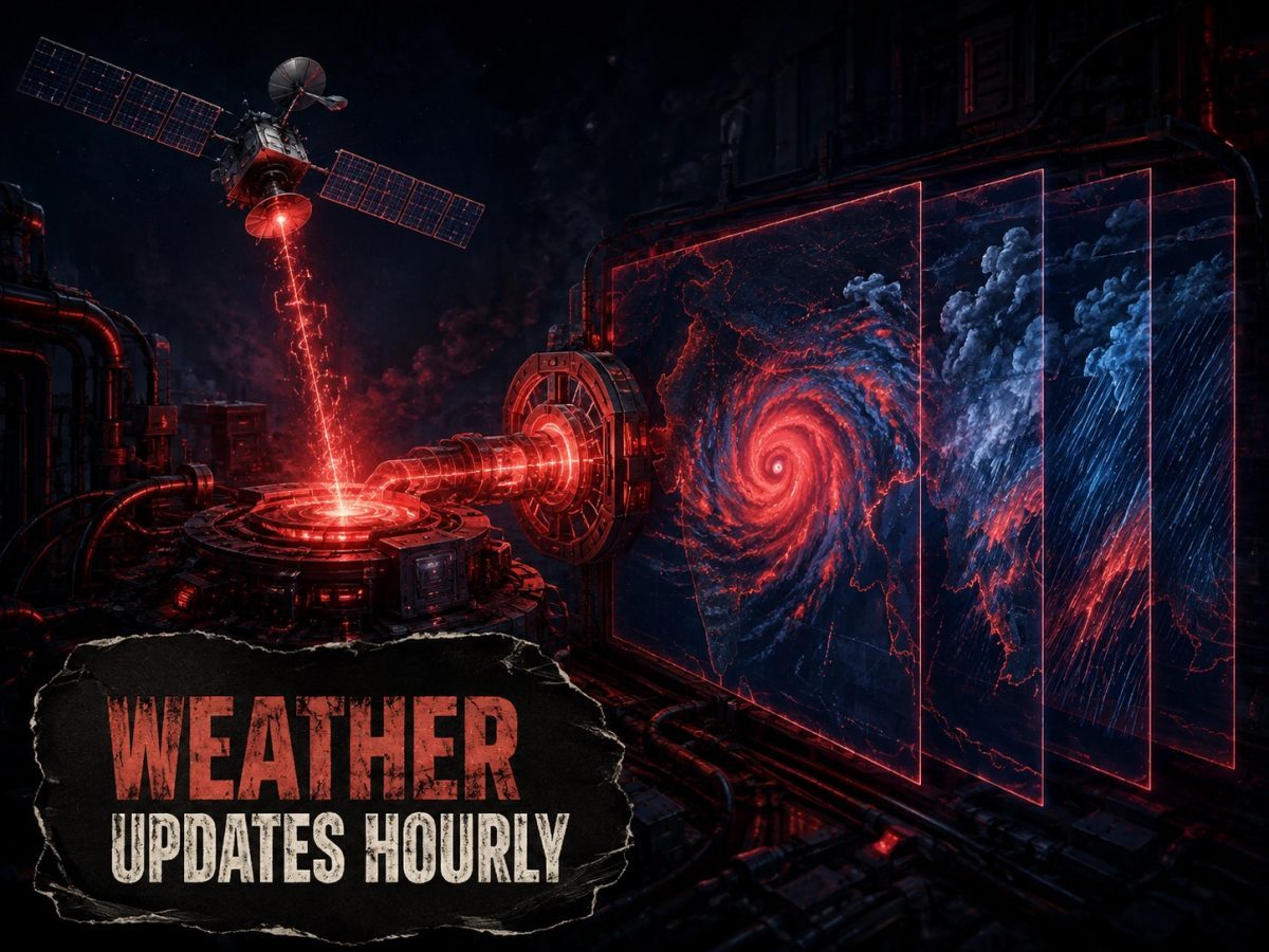 Satellite observations feed an hourly weather forecasting engine