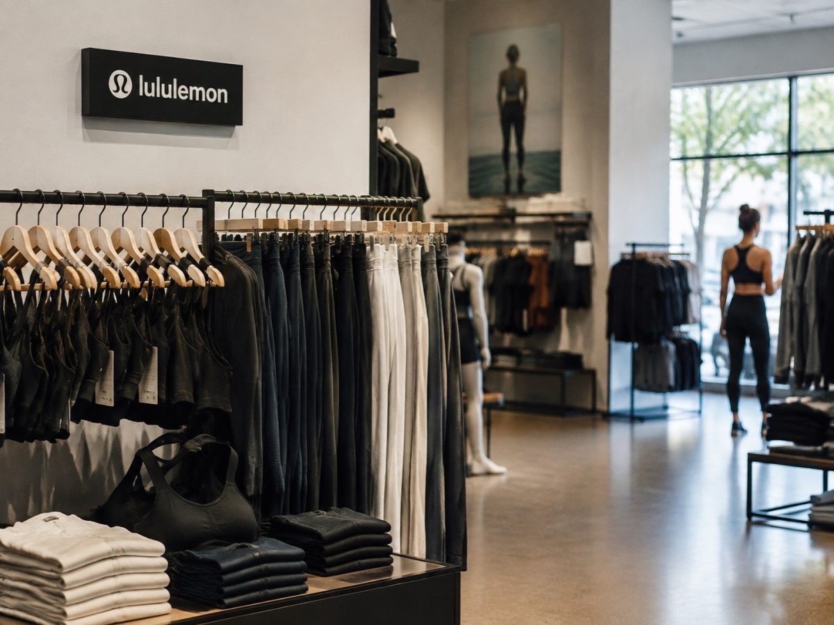 Editorial illustration of a quiet lululemon athletic-apparel display representing softer demand after the company's outlook cut.