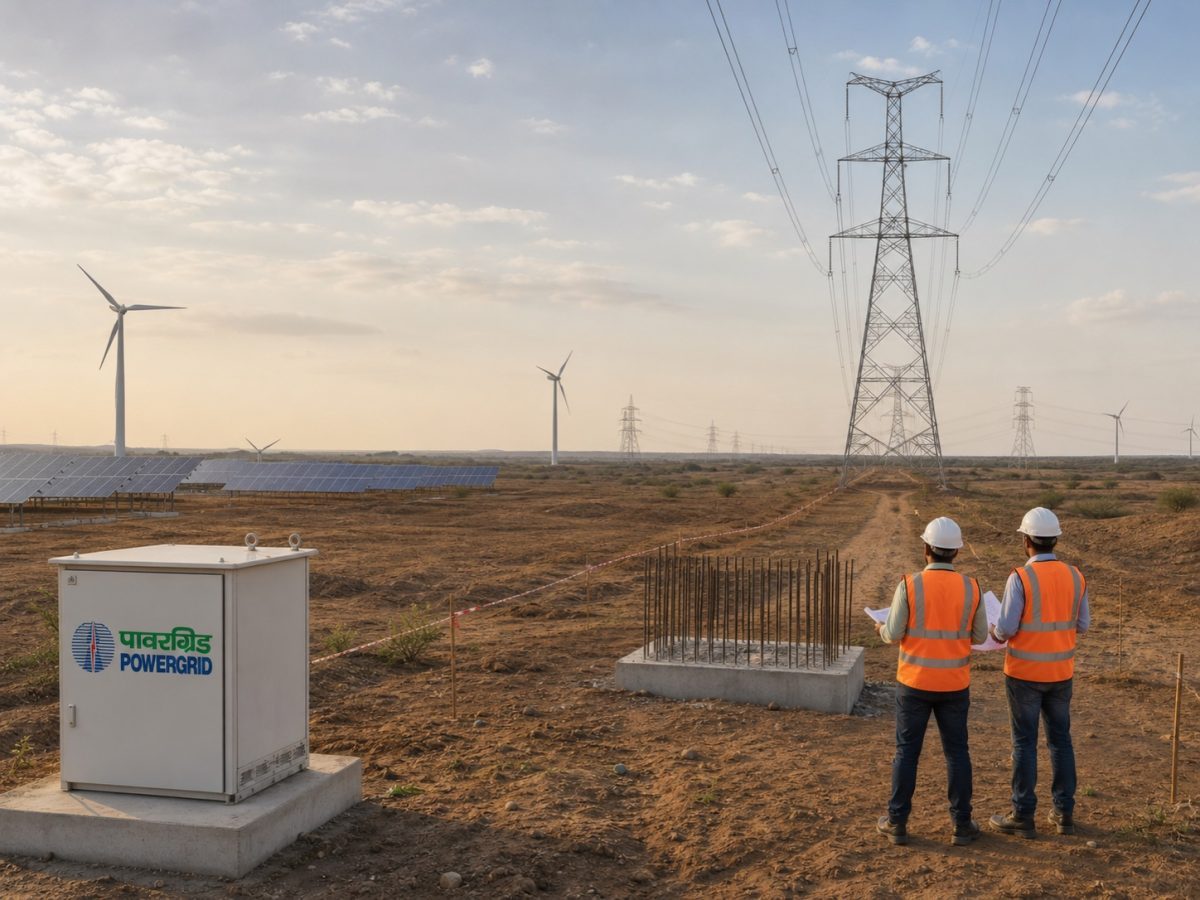 Editorial illustration of POWERGRID survey work and an unbuilt transmission foundation connecting Gujarat renewable generation.