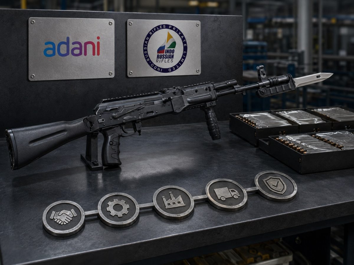 Editorial illustration of an official IRRPL AK-203 reference with Adani and IRRPL identity marks and ammunition supply trays.