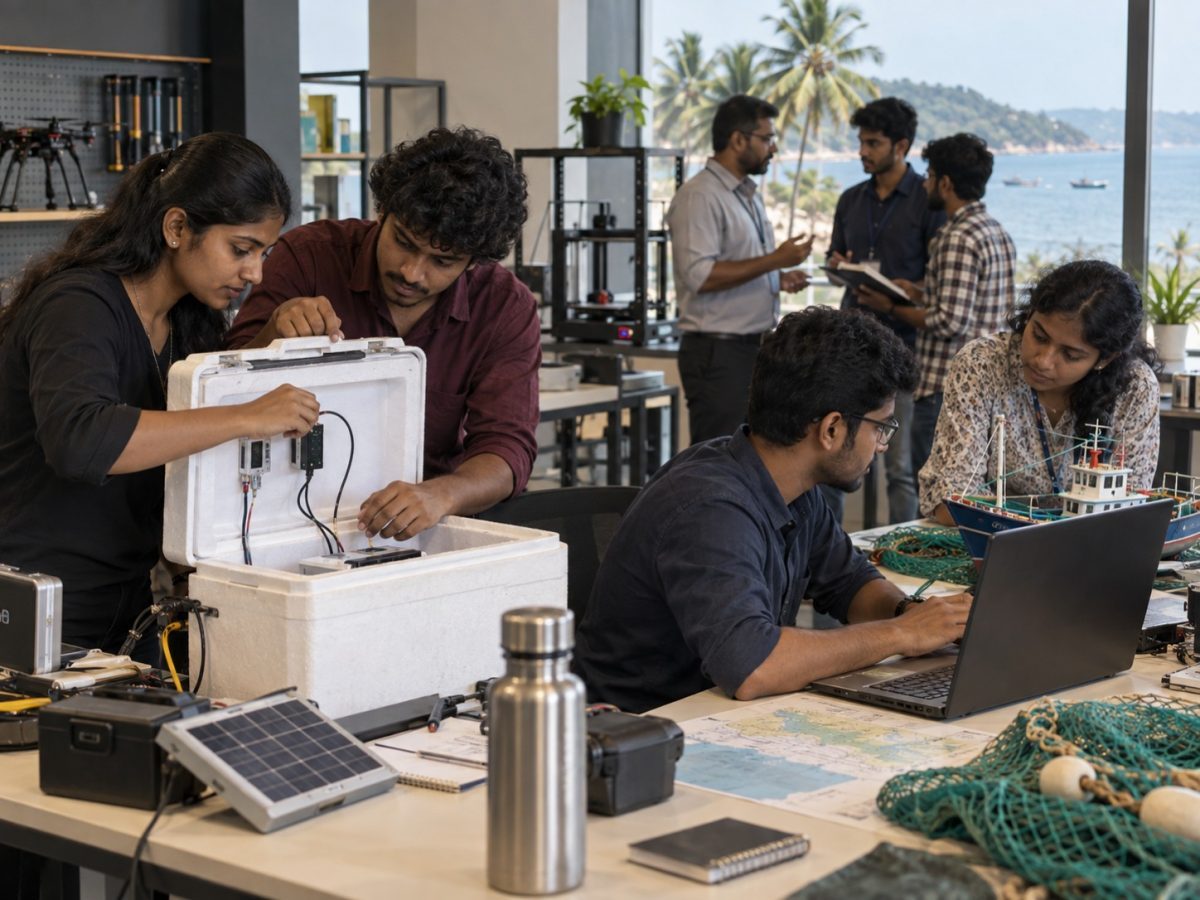 Editorial illustration of coastal founders building prototypes in an ACIC Sahyadri innovation workshop in Karnataka.