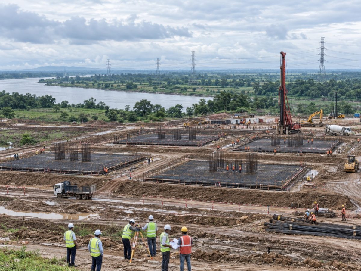 Adani Power Chapar plant editorial illustration showing early foundation work across four planned unit pads in lower Assam.
