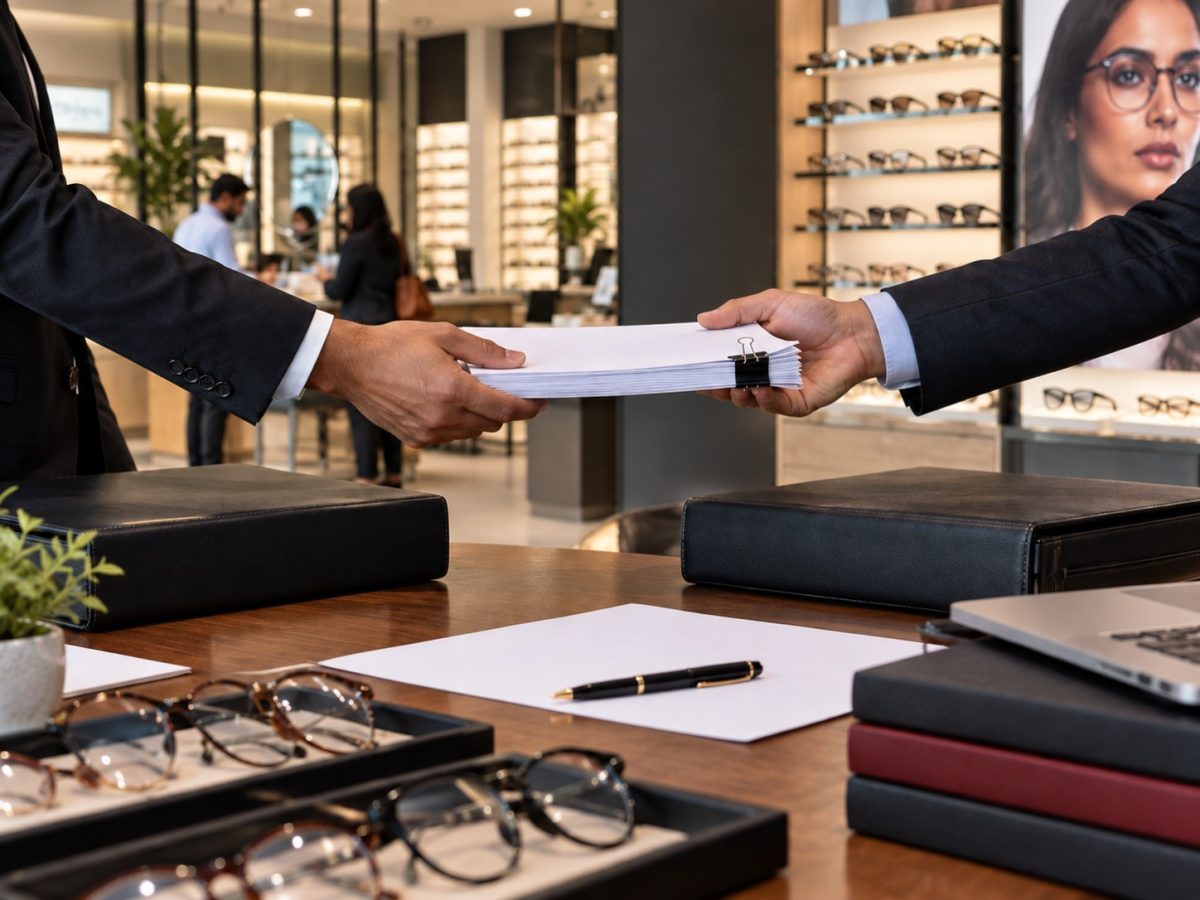 Editorial illustration of an institutional share transfer inside an Indian eyewear retail setting, representing the ADIA Lenskart sale.