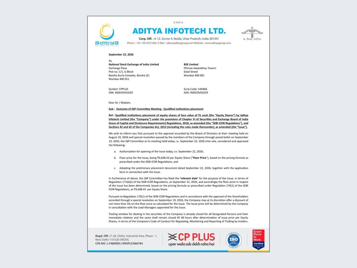 Aditya Infotech QIP official filing shown in an editorial document crop