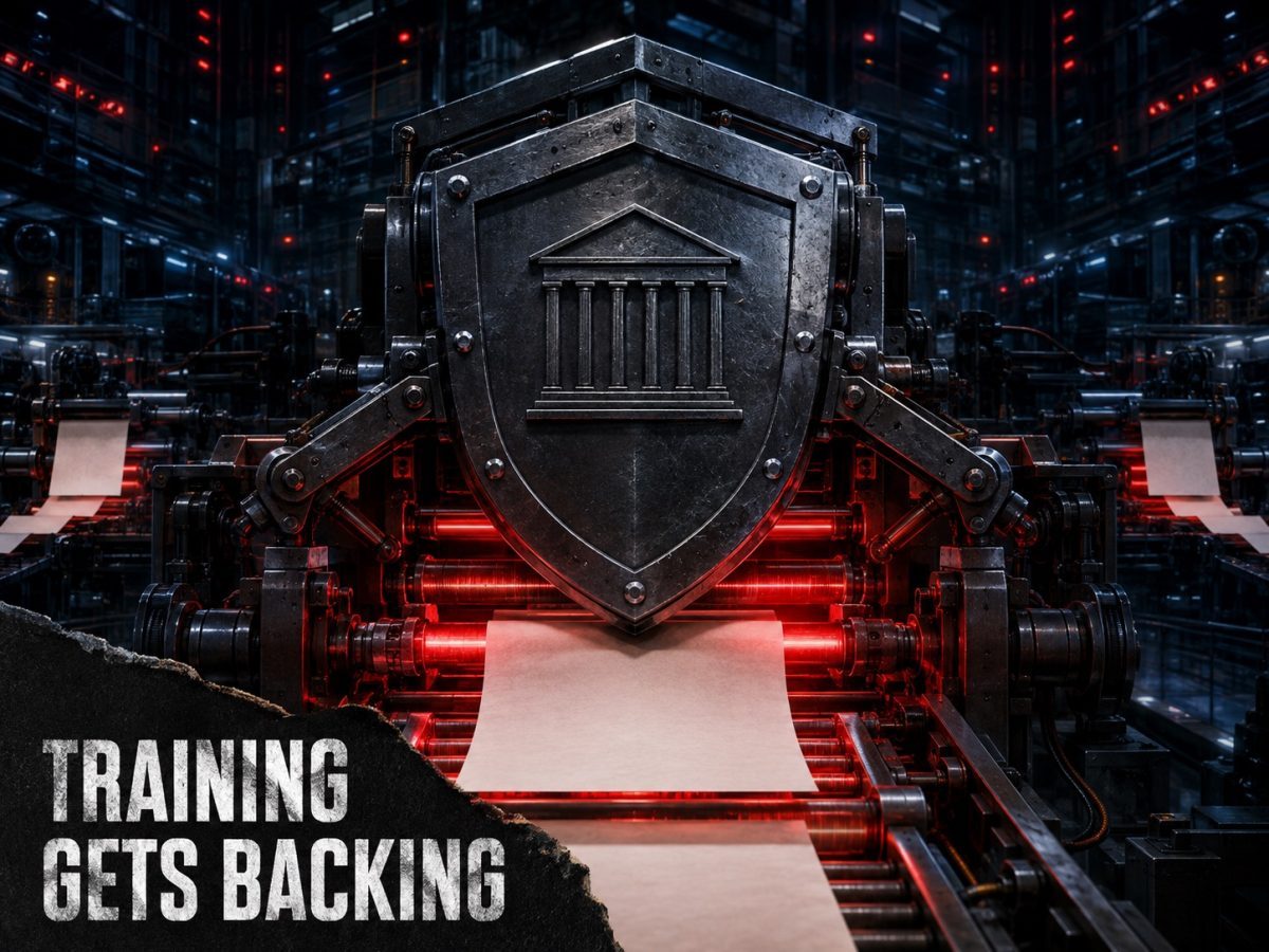 A legal shield locks over an industrial AI training press processing blank pages