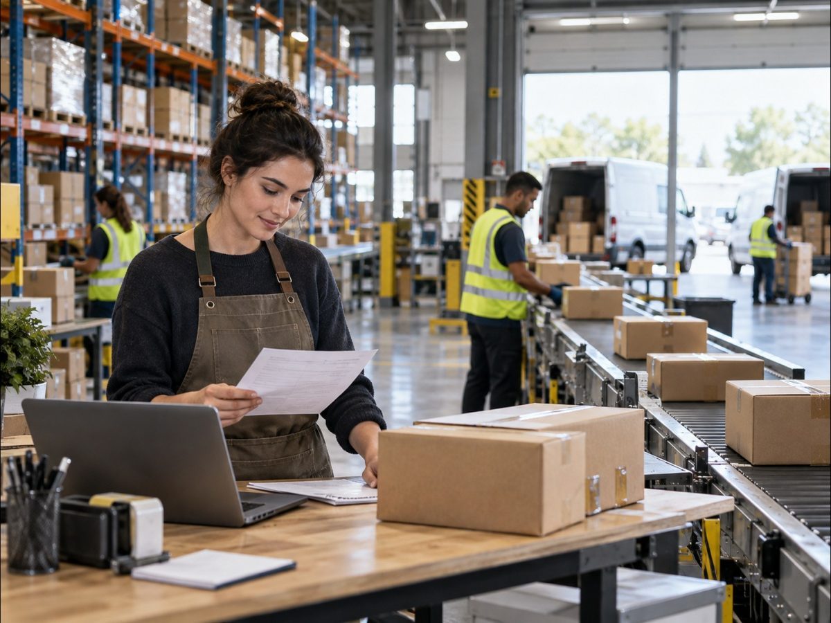 Editorial illustration of an independent merchant using a national fulfilment network for Amazon Prime delivery