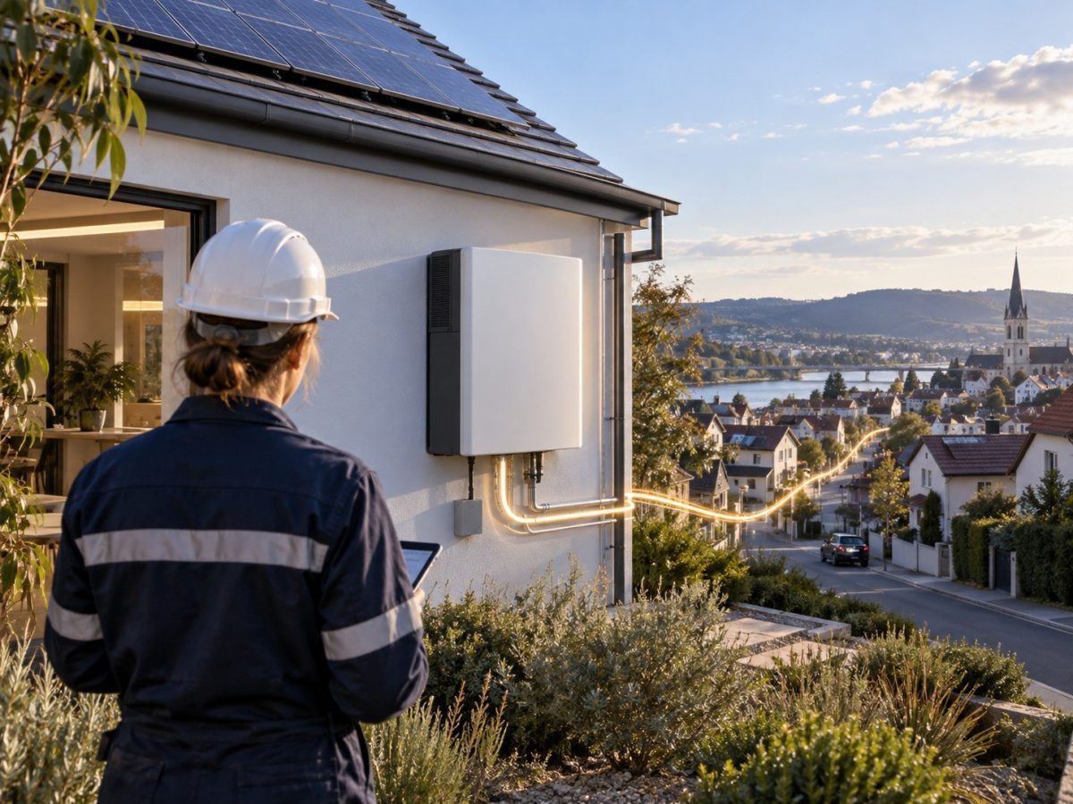 Amber Electric funding editorial illustration of a home battery connecting rooftop solar to a European residential grid.