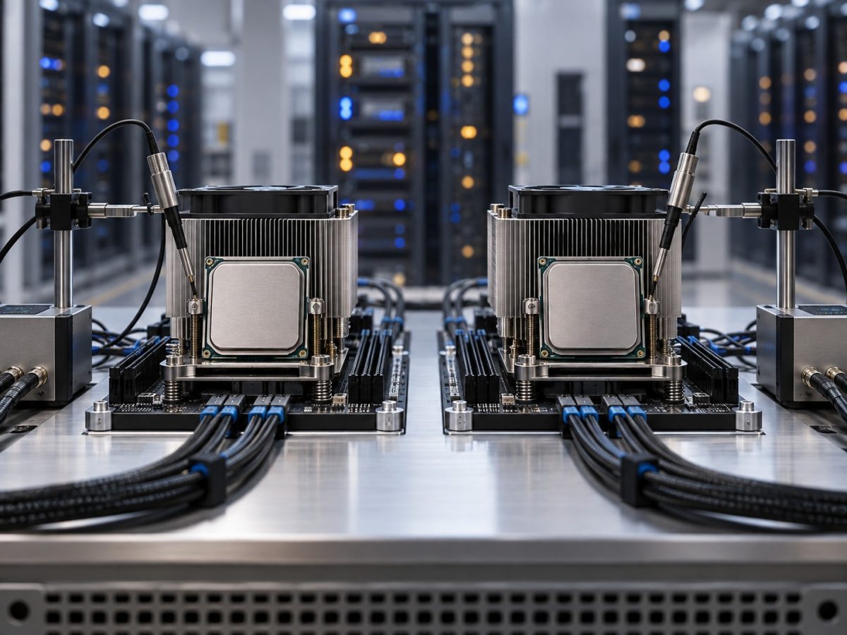 Two unbranded server processors in a matched laboratory benchmark setup