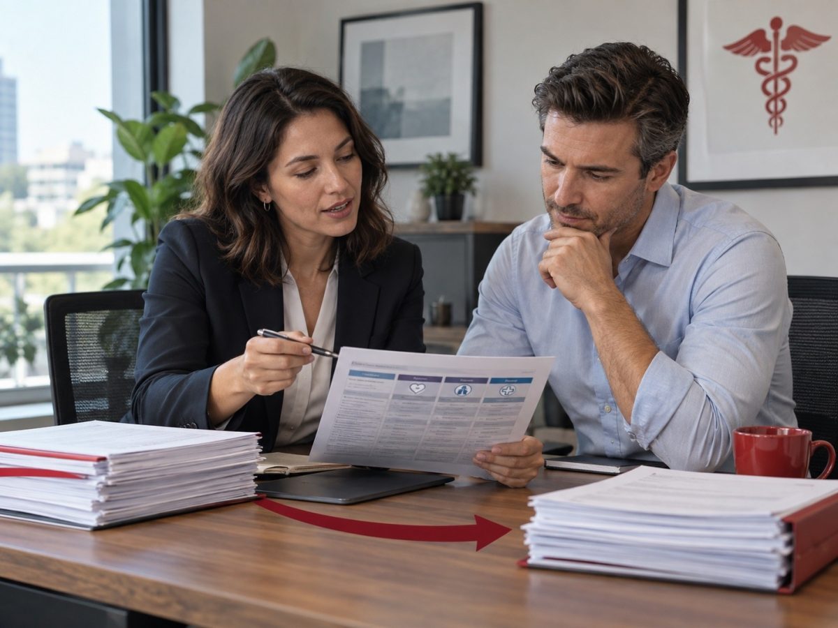 An editorial illustration of a small-business benefits consultation, representing Angle Health’s financing and shareholder-liquidity split.