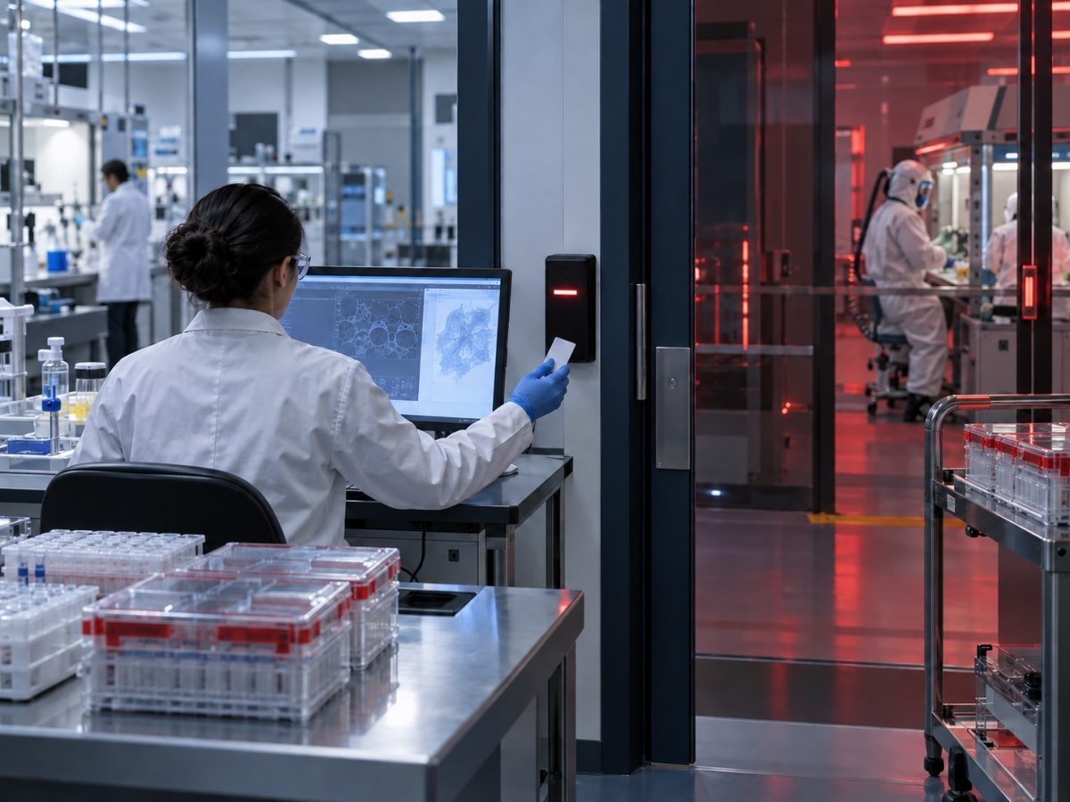 Anthropic Life Sciences Verification Program editorial illustration showing a scientist passing a controlled access gate between laboratory zones.