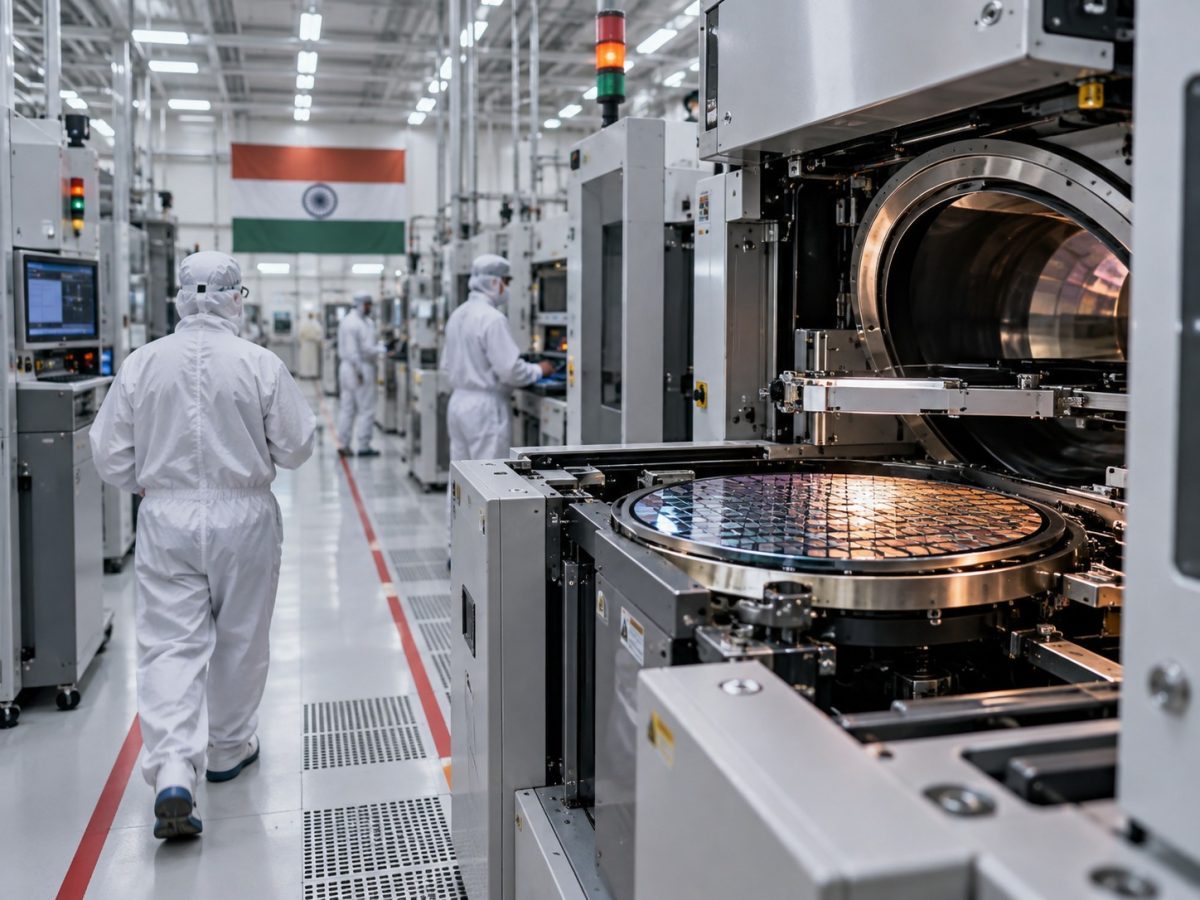 Applied Materials India semiconductor scale-up editorial illustration showing engineers and wafer equipment in a cleanroom.
