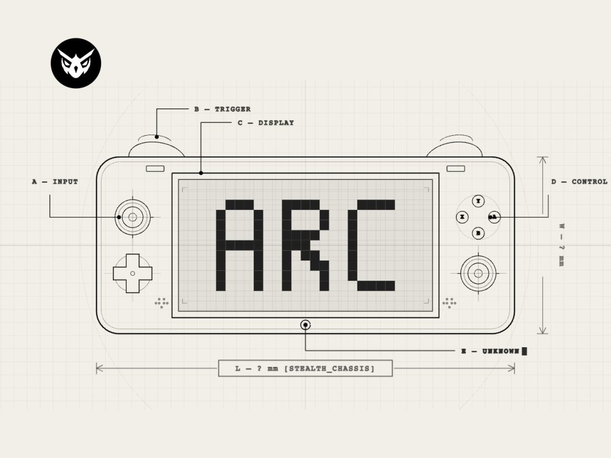 ARC funding represented by the exact official ARC X1 handheld schematic and ARC logo