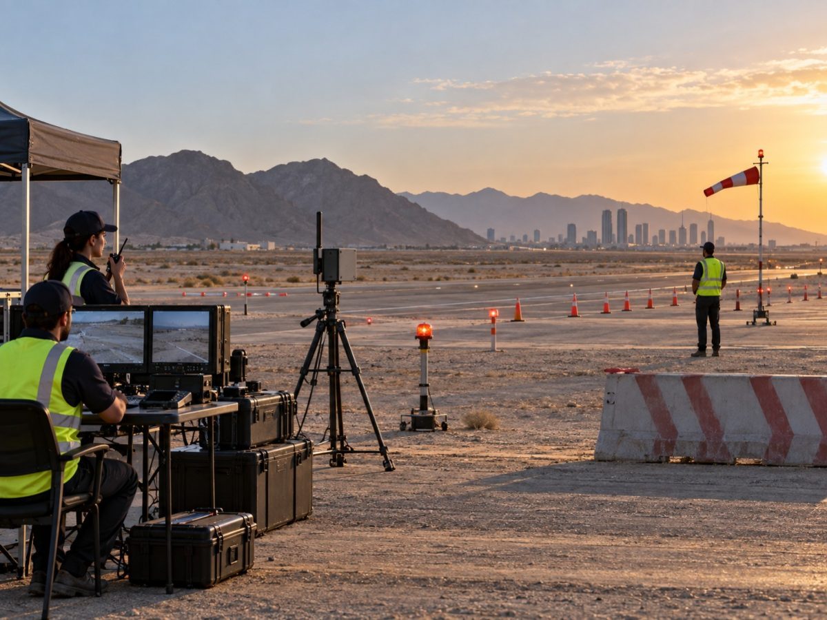 Editorial illustration of a controlled desert airfield test zone representing the ARIDGE UAE sandbox for advanced-air-mobility validation.