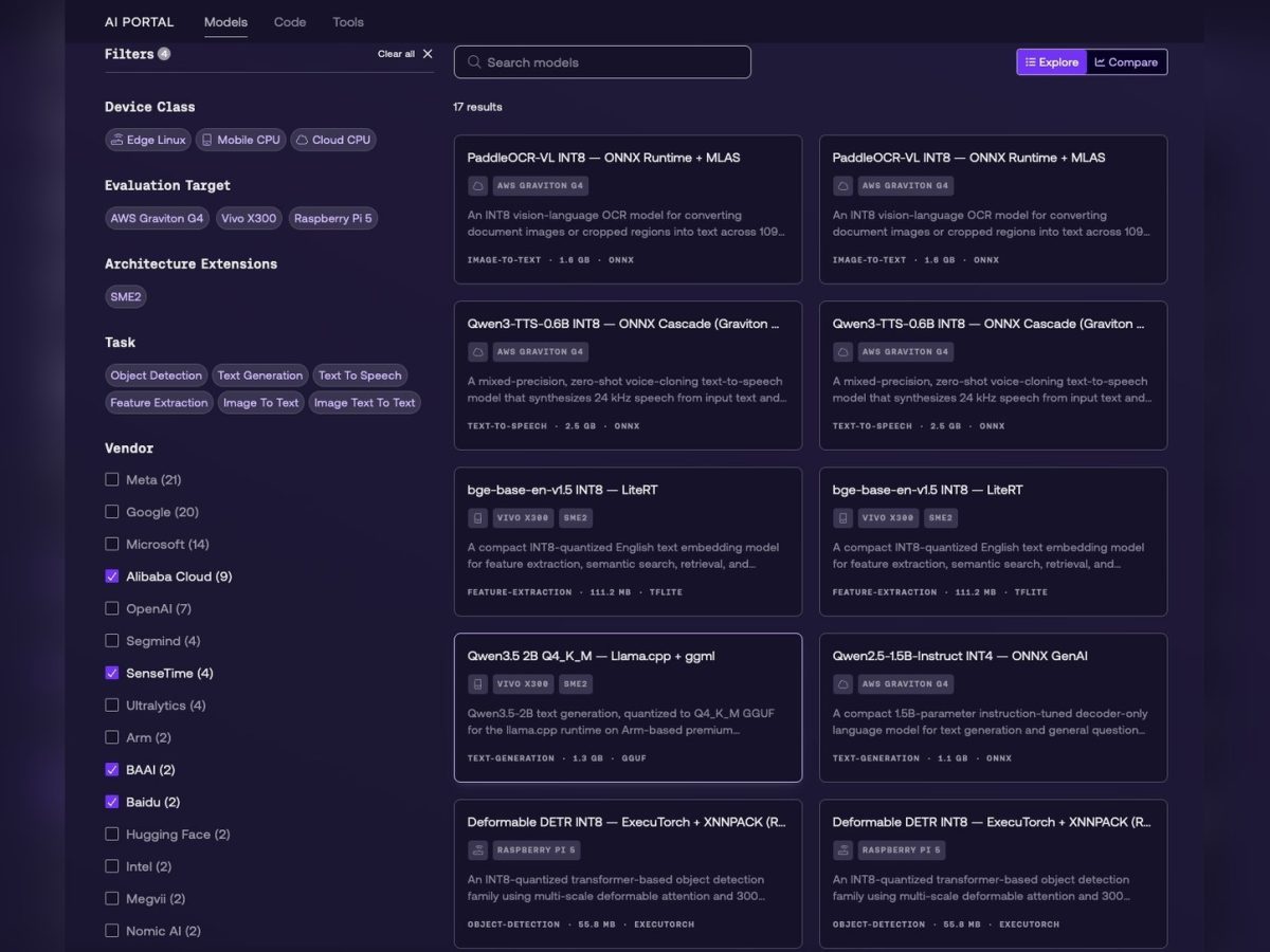 Arm AI Portal official models screen with device, task and vendor filters