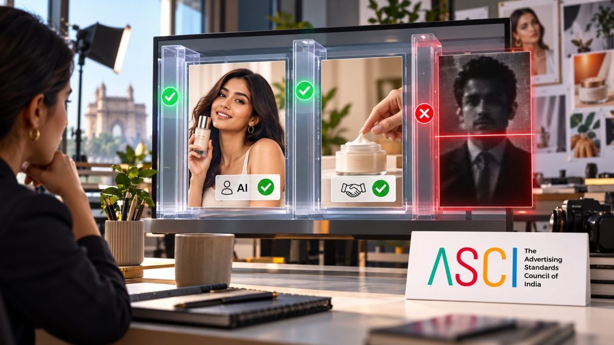 ASCI AI advertising guidelines illustration showing synthetic ads, disclosure checks, and rejected deepfake