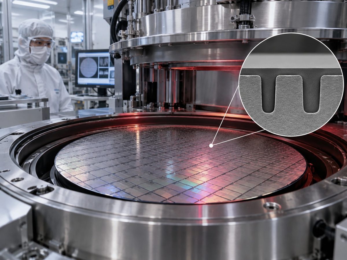 Editorial illustration of a semiconductor wafer in a deposition chamber with a cutaway of self-levelled carbon-filled structures.