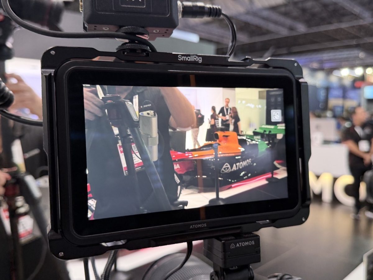 Atomos Shinobi 7 II shown in an exact same-event IBC product photograph mounted on a camera rig.