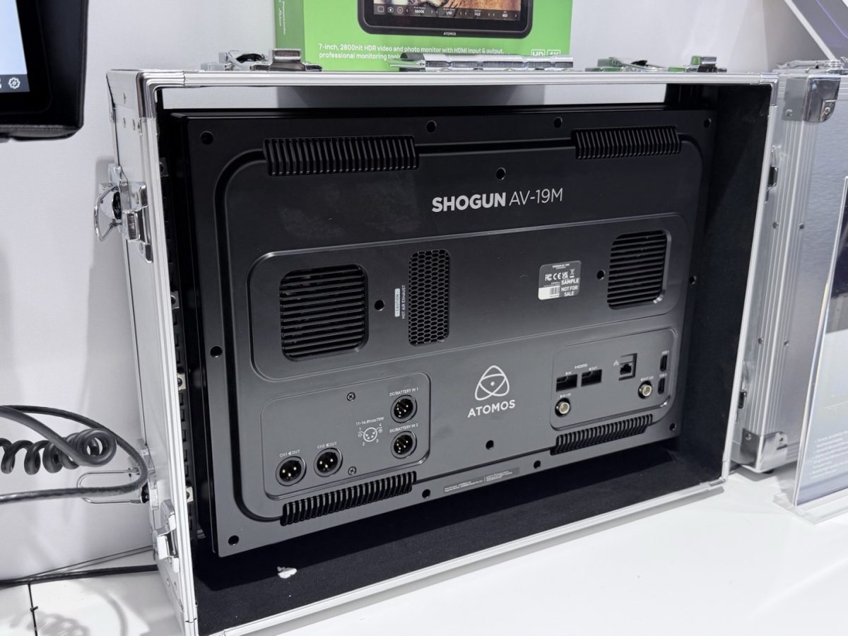 Atomos Shogun AV-19M installed in a transport case at IBC 2026, showing the exact model identity and physical connectors.