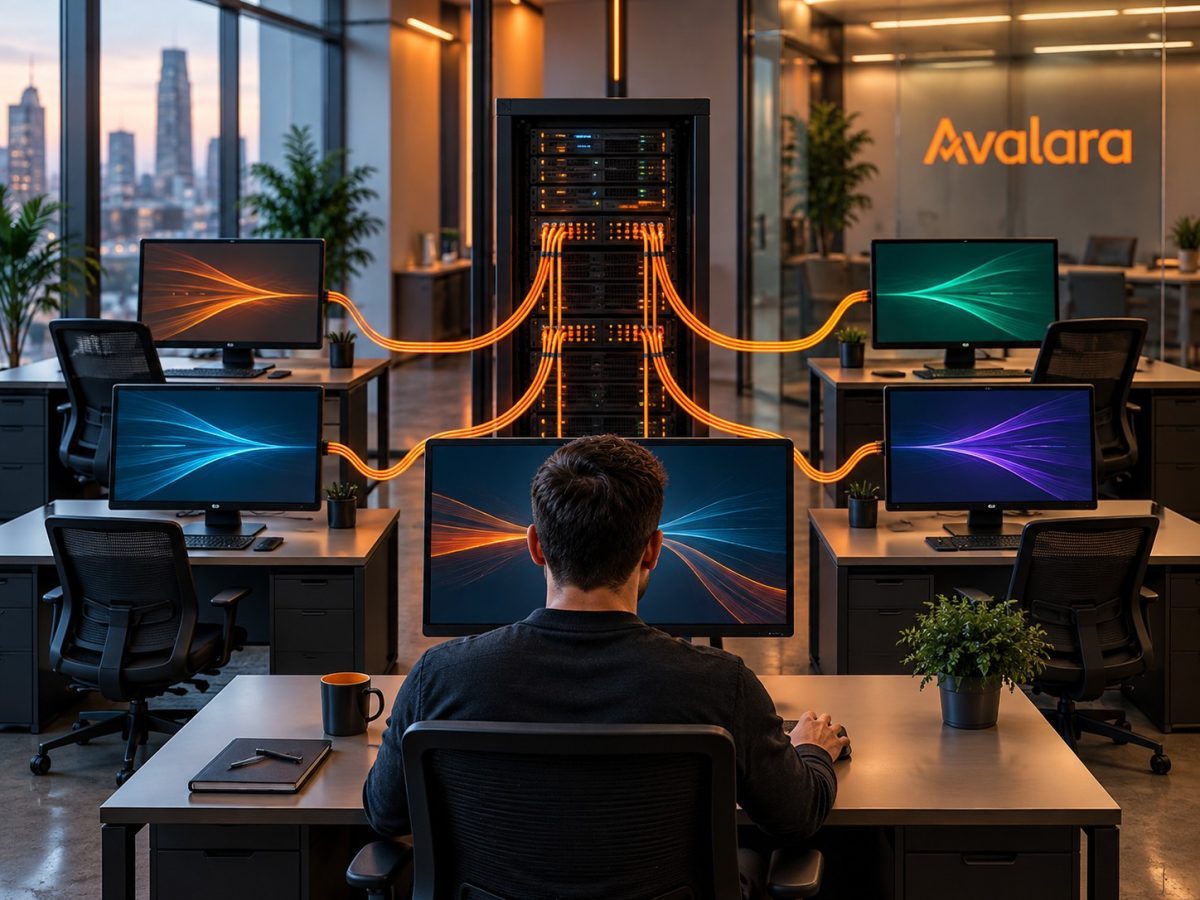Avalara Versori editorial illustration showing the exact Avalara identity and four connected enterprise workstations