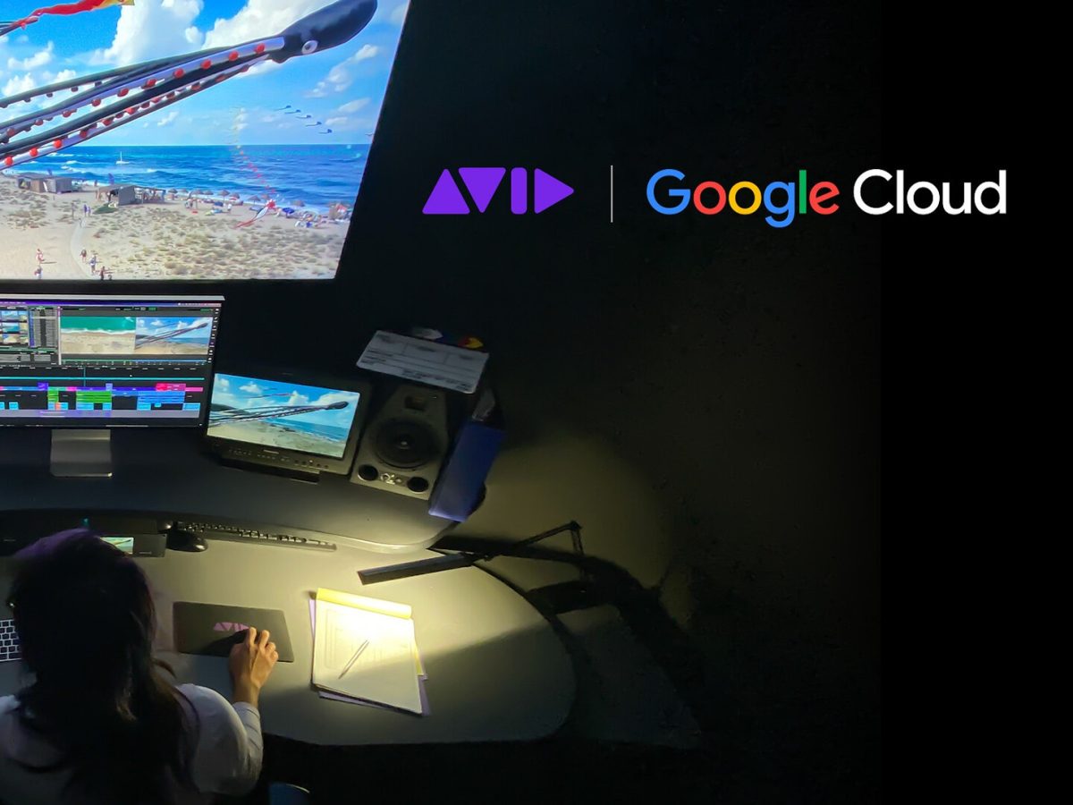 Avid Media Composer editing workstation beside exact Avid and Google Cloud marks in an official partnership image.
