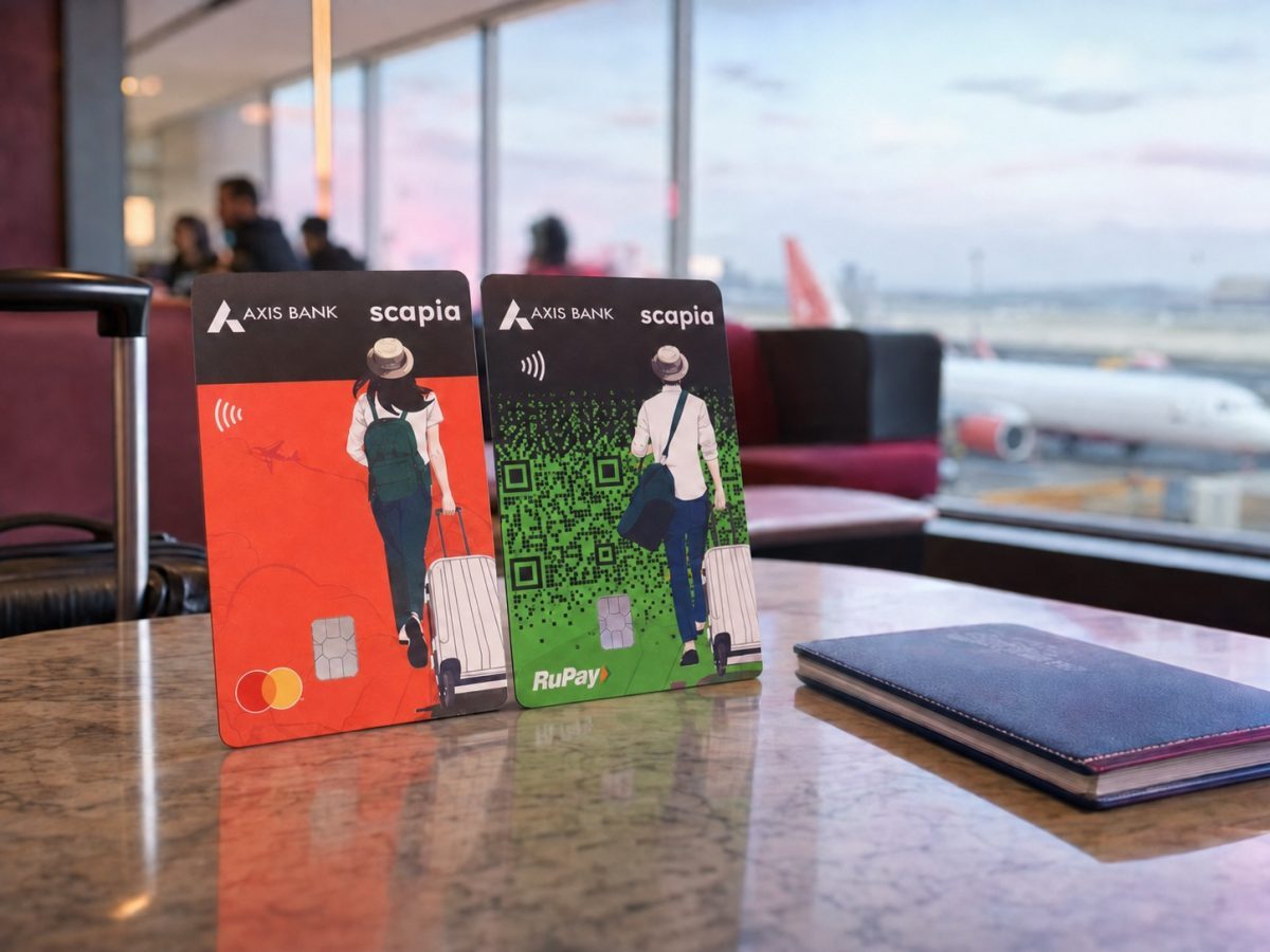 Scapia Axis Bank Mastercard and RuPay travel credit cards in an airport lounge