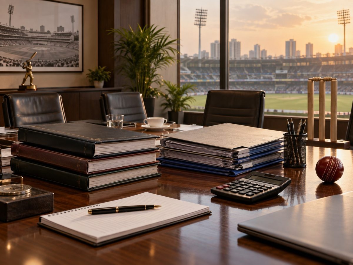 BCCI Income Tax editorial illustration showing cricket administration ledgers, tax folders and a calculator beside a stadium.