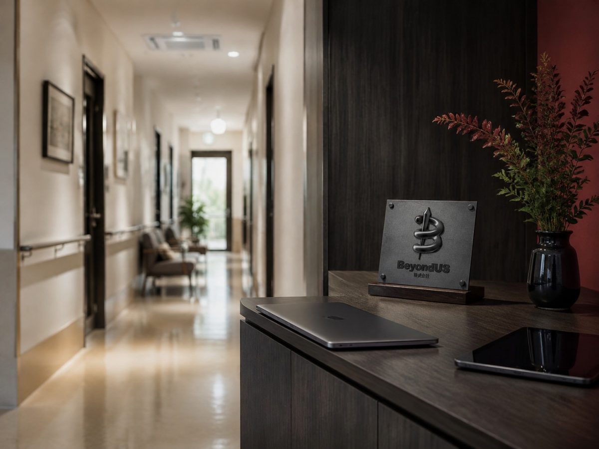 BeyondUS funding editorial illustration showing the exact official company mark in an empty clinic corridor
