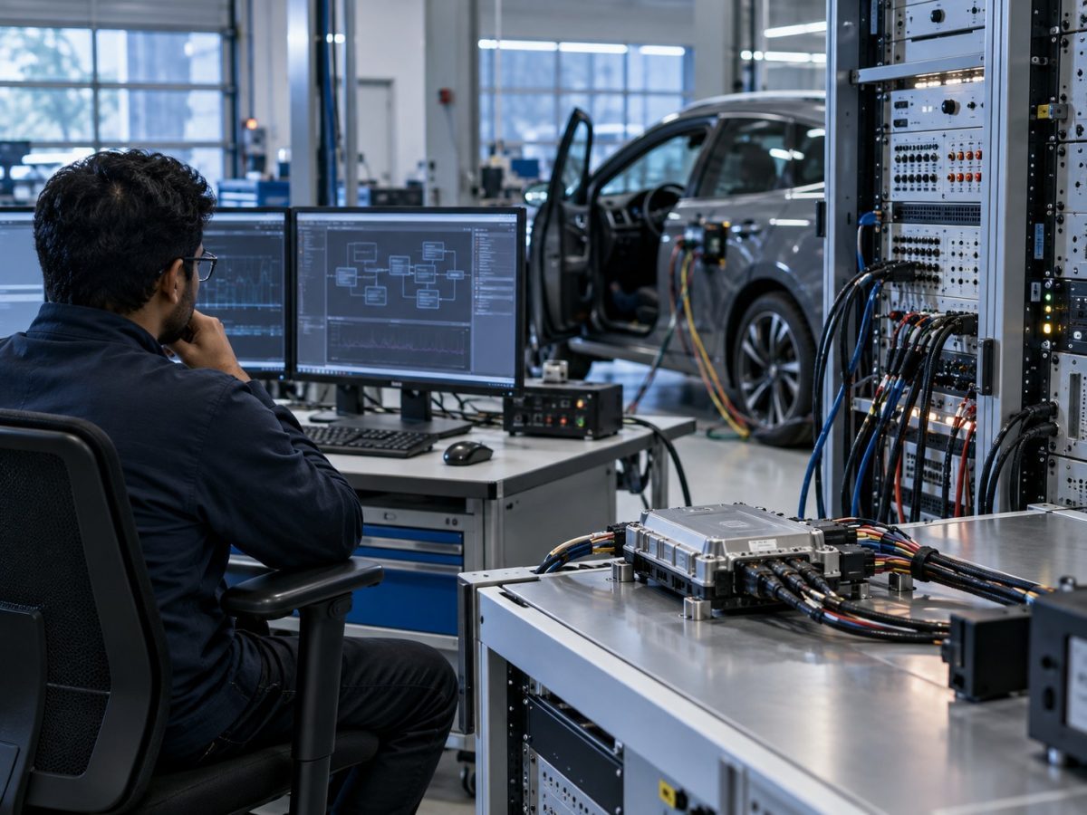 BlueBinaries acquisition represented by an editorial illustration of an engineer operating hardware-in-the-loop automotive testing equipment.