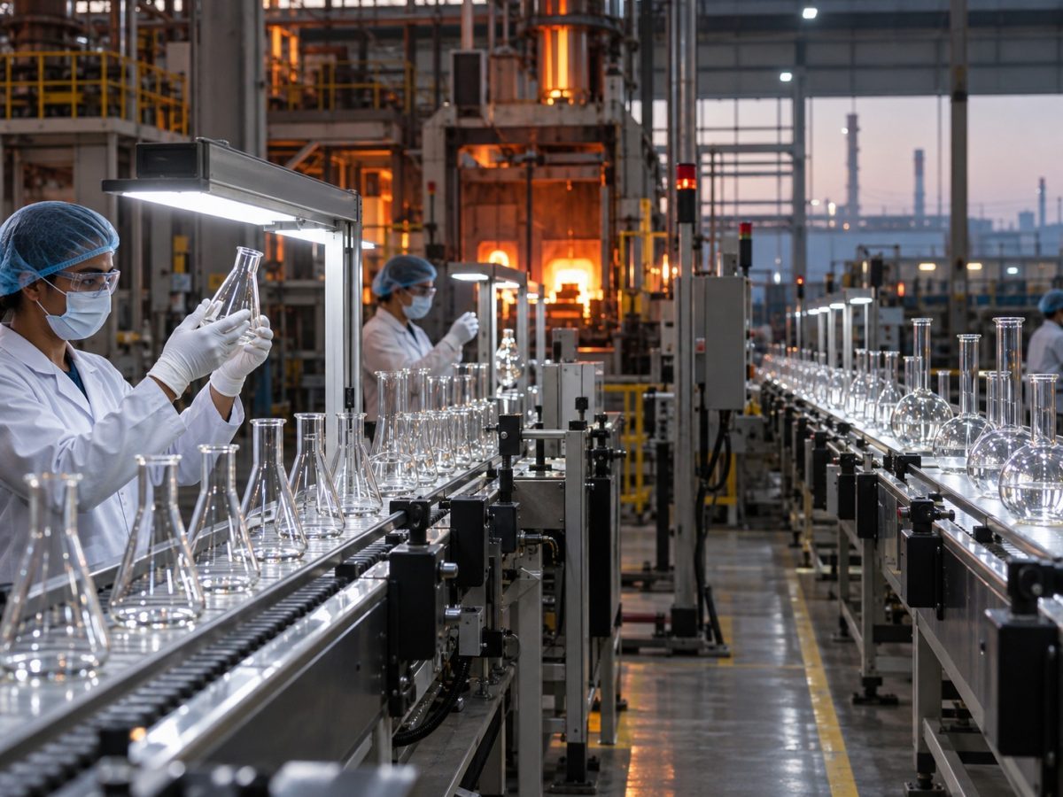 Borosil Scientific capacity expansion shown as an editorial illustration of a glassware production line with more finished laboratory vessels