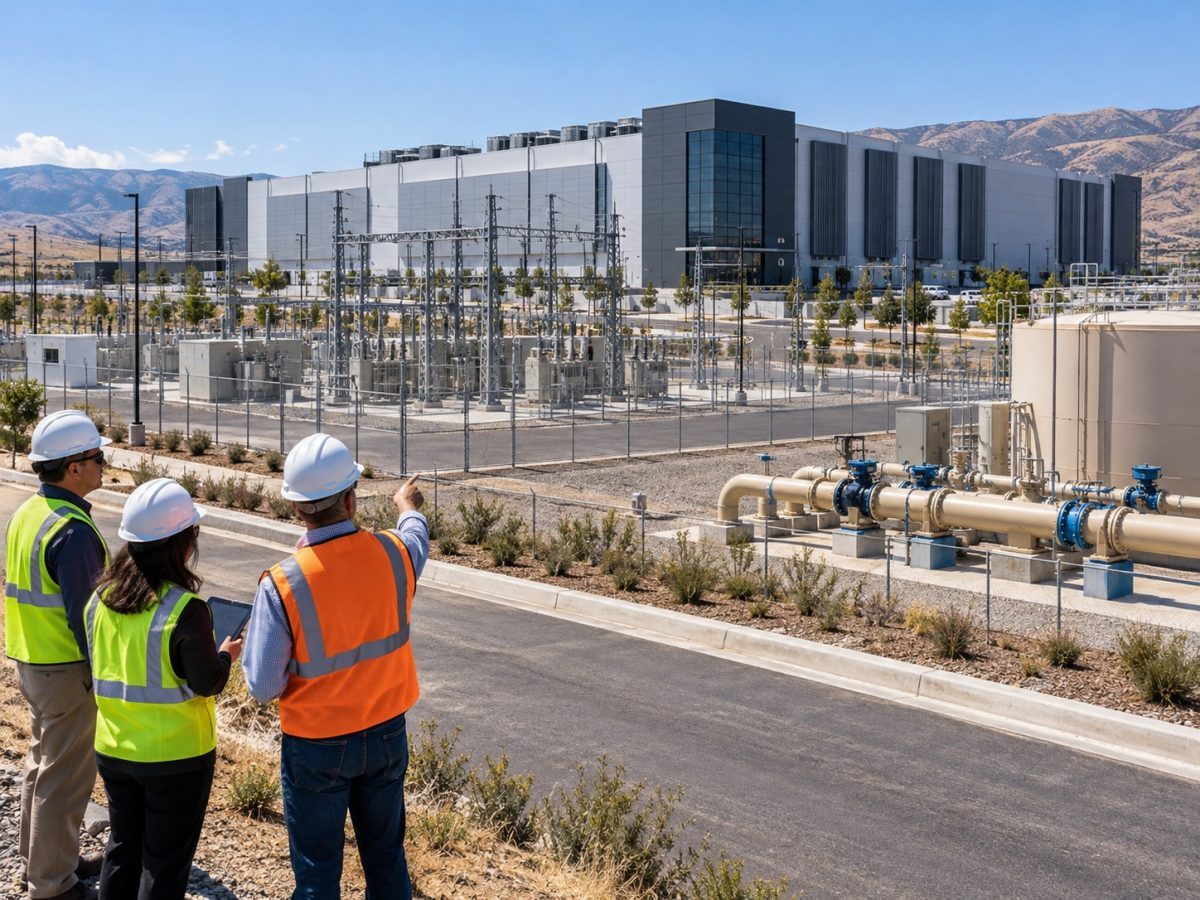 Editorial illustration of utility and water infrastructure outside a California server facility, representing California data center laws.