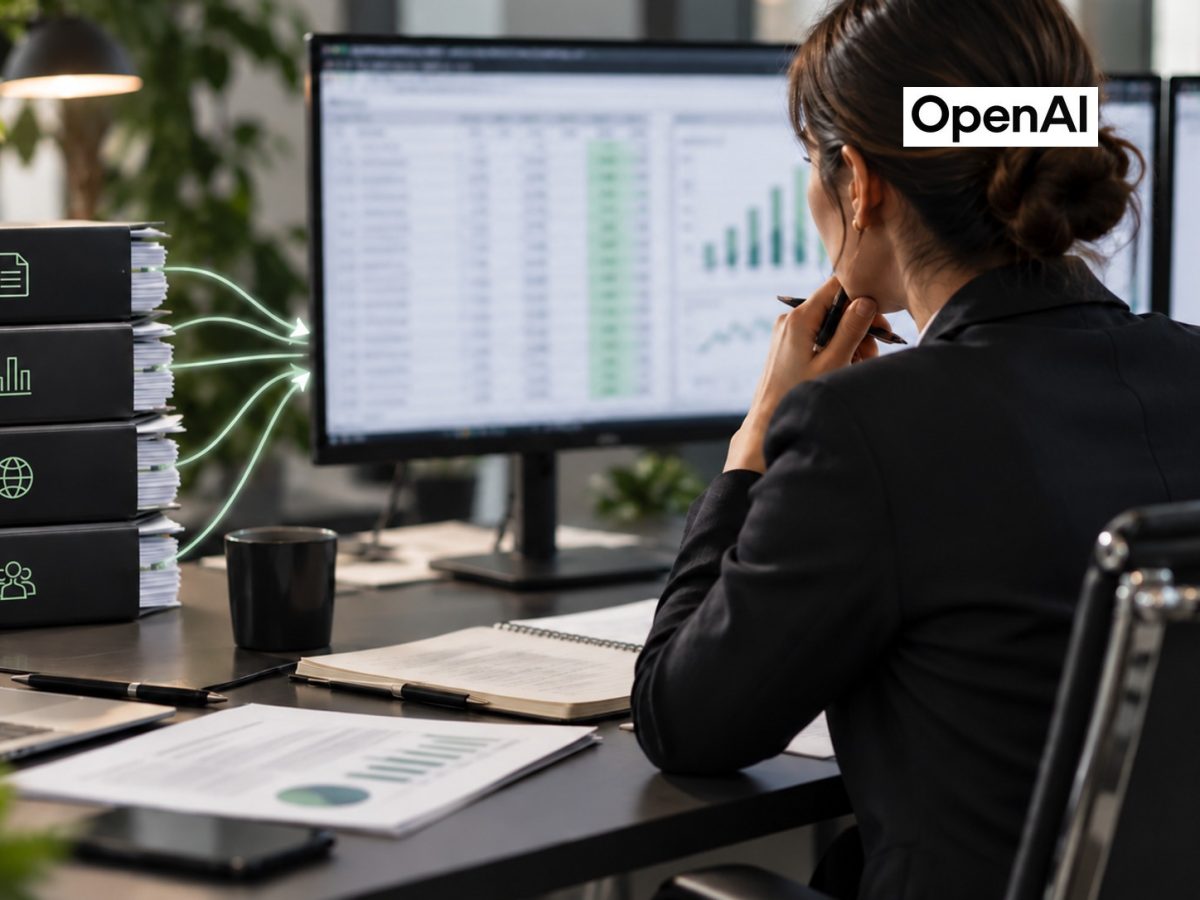 ChatGPT for Financial Services editorial illustration with exact OpenAI wordmark and an analyst reviewing blurred financial data and source folders.