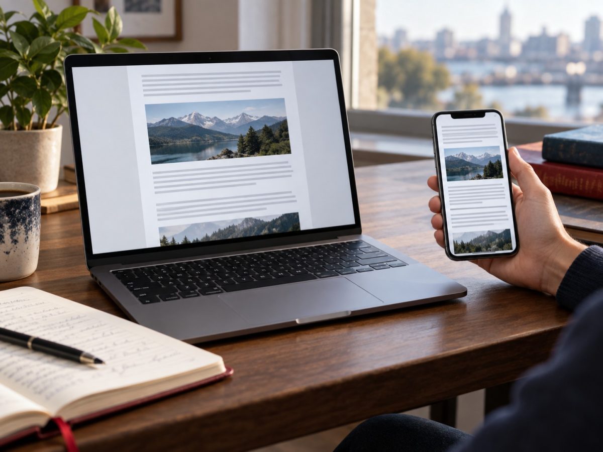 Editorial illustration of Chrome tab handoff preserving the same reading position between a laptop and phone
