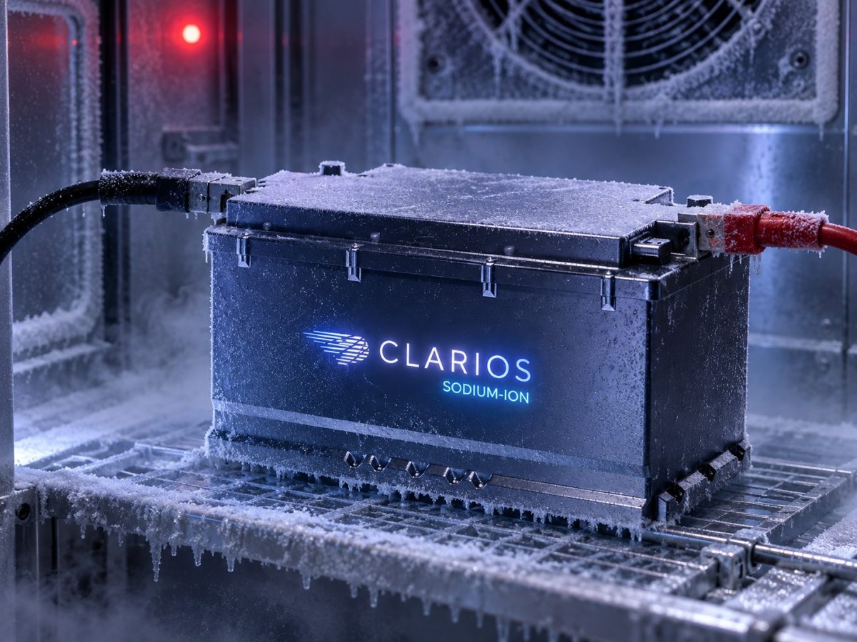 Clarios sodium-ion battery editorial illustration showing the official battery design inside a frosted environmental test chamber