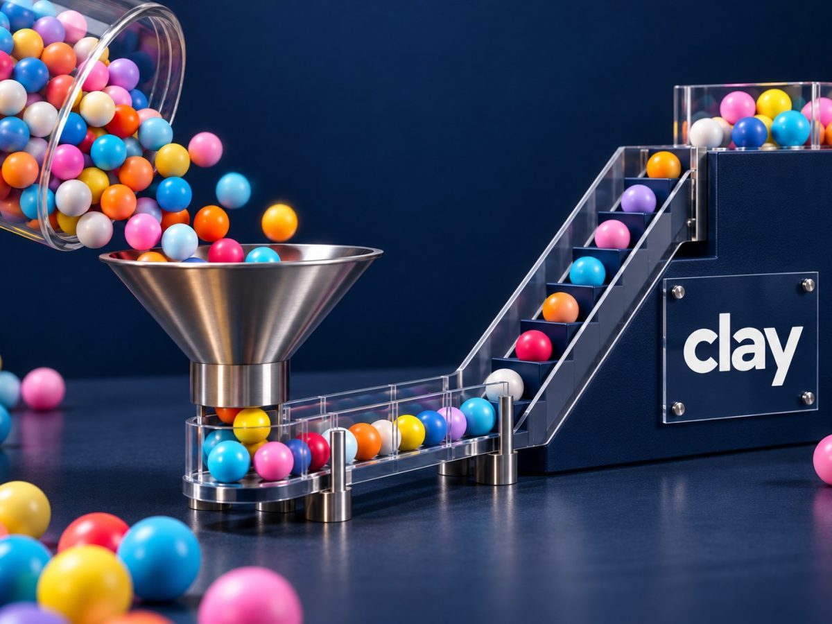 Clay funding shown as a realistic editorial capital-flow machine using the exact Clay identity and official colorful-ball visual language.
