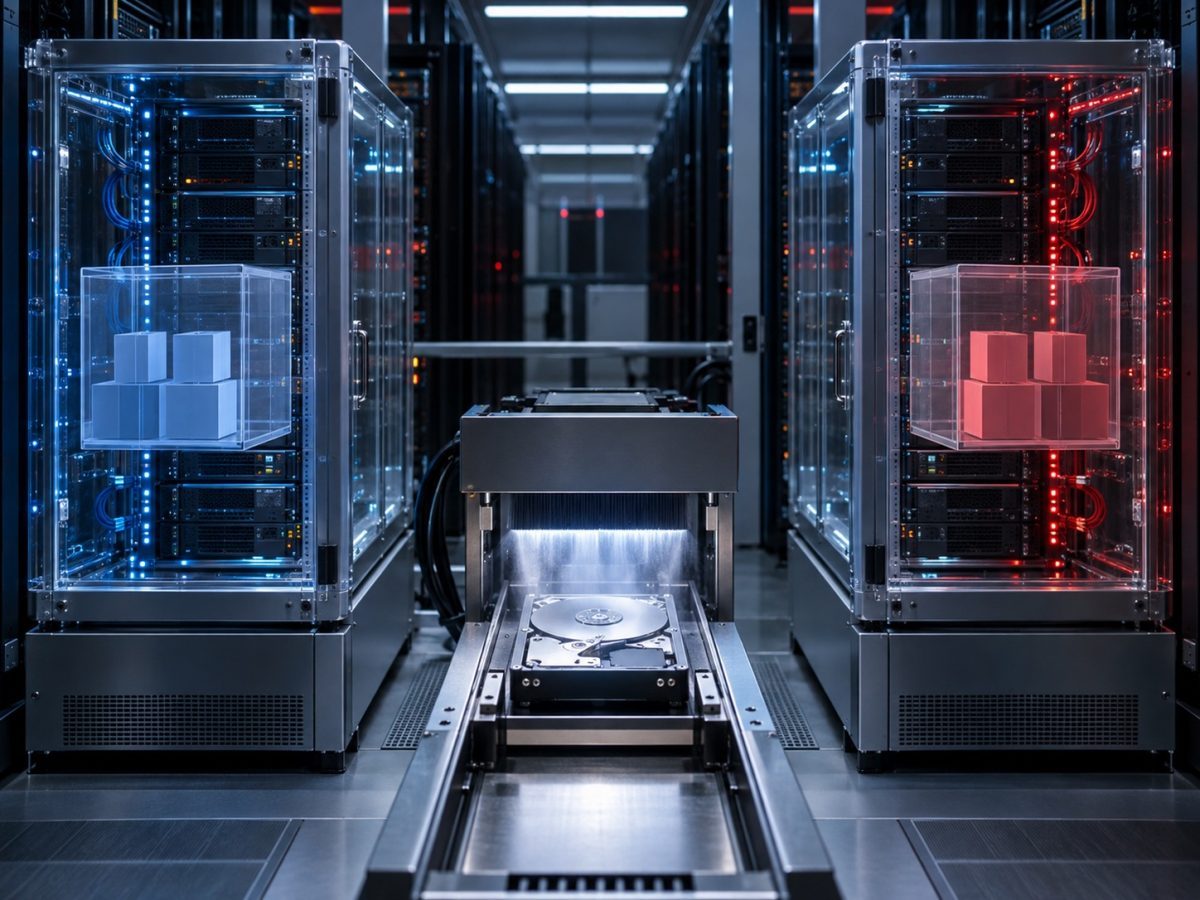 Editorial illustration of isolated cloud server racks and a storage drive being sanitized before reuse.