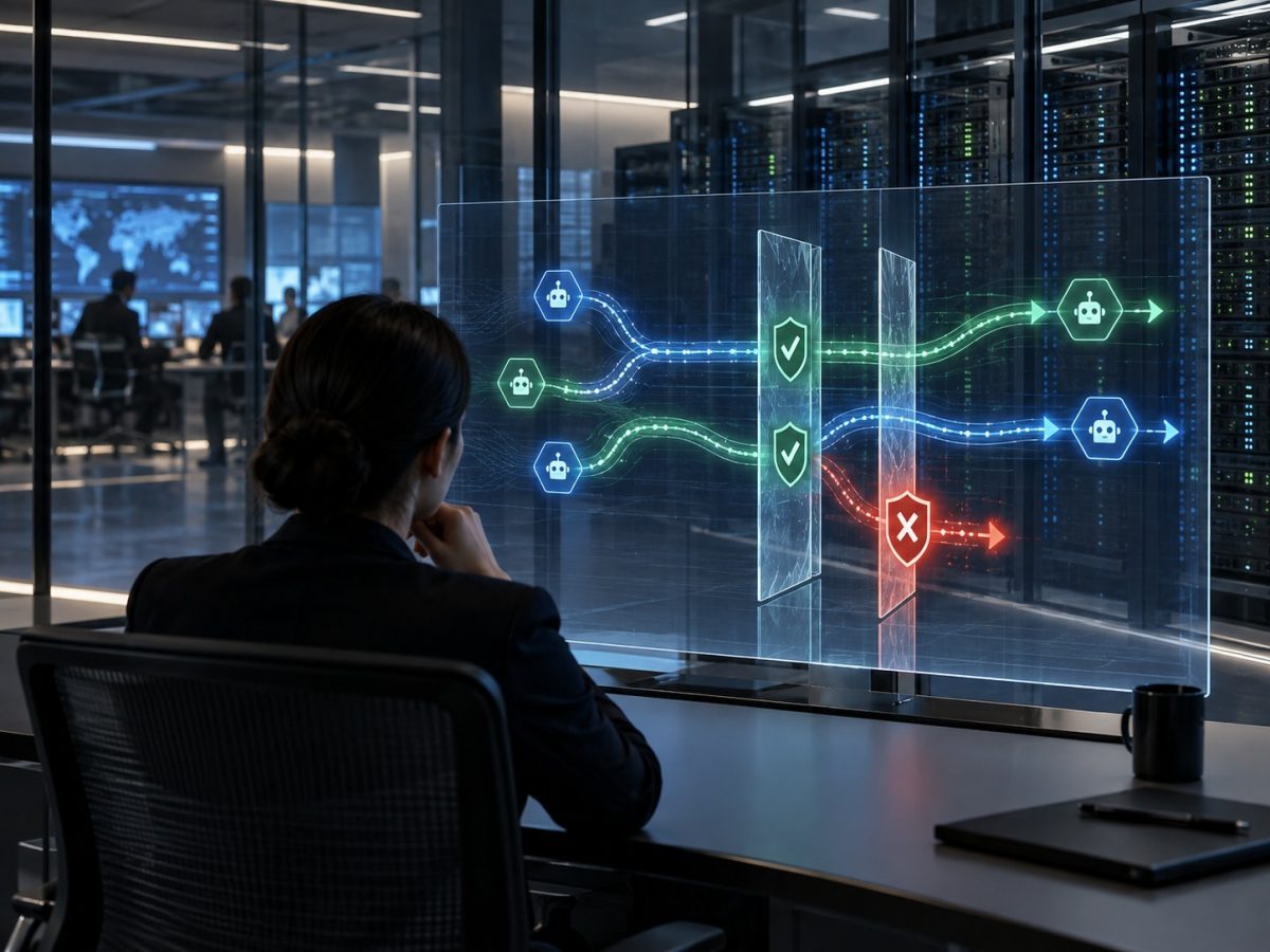 Editorial illustration of governed AI agent paths moving through a monitored control checkpoint