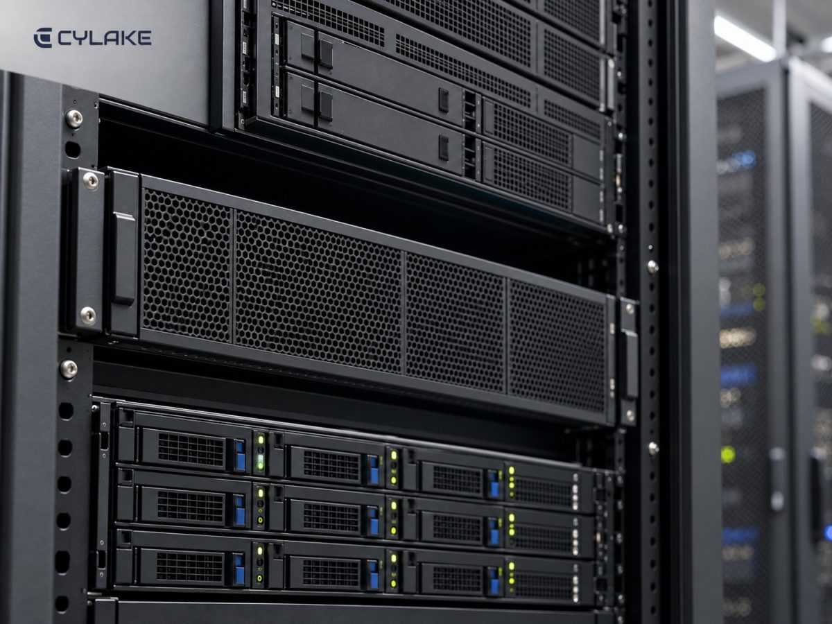 Unbranded private server hardware with the exact Cylake identity on a separate panel in an editorial illustration
