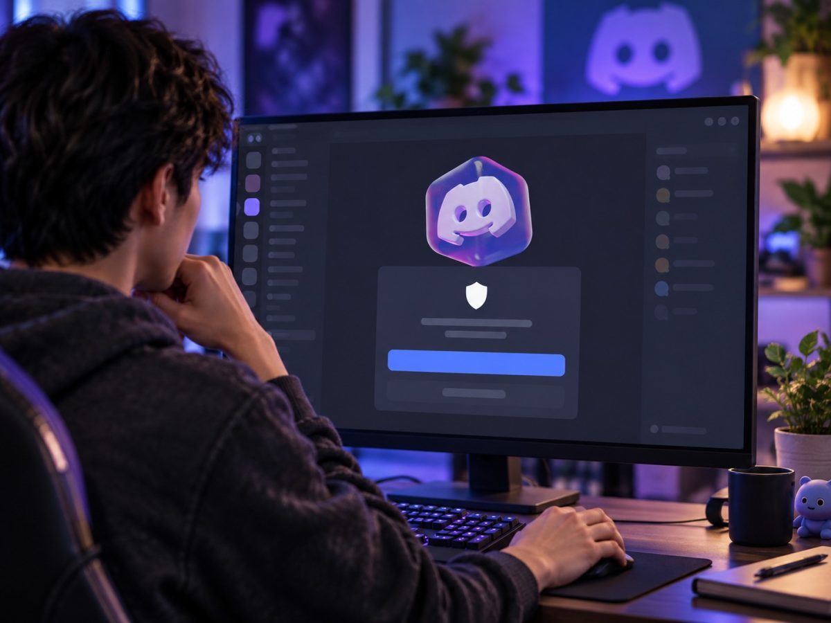 Discord Age Assurance represented by an editorial illustration of a user reviewing an account-safety checkpoint.