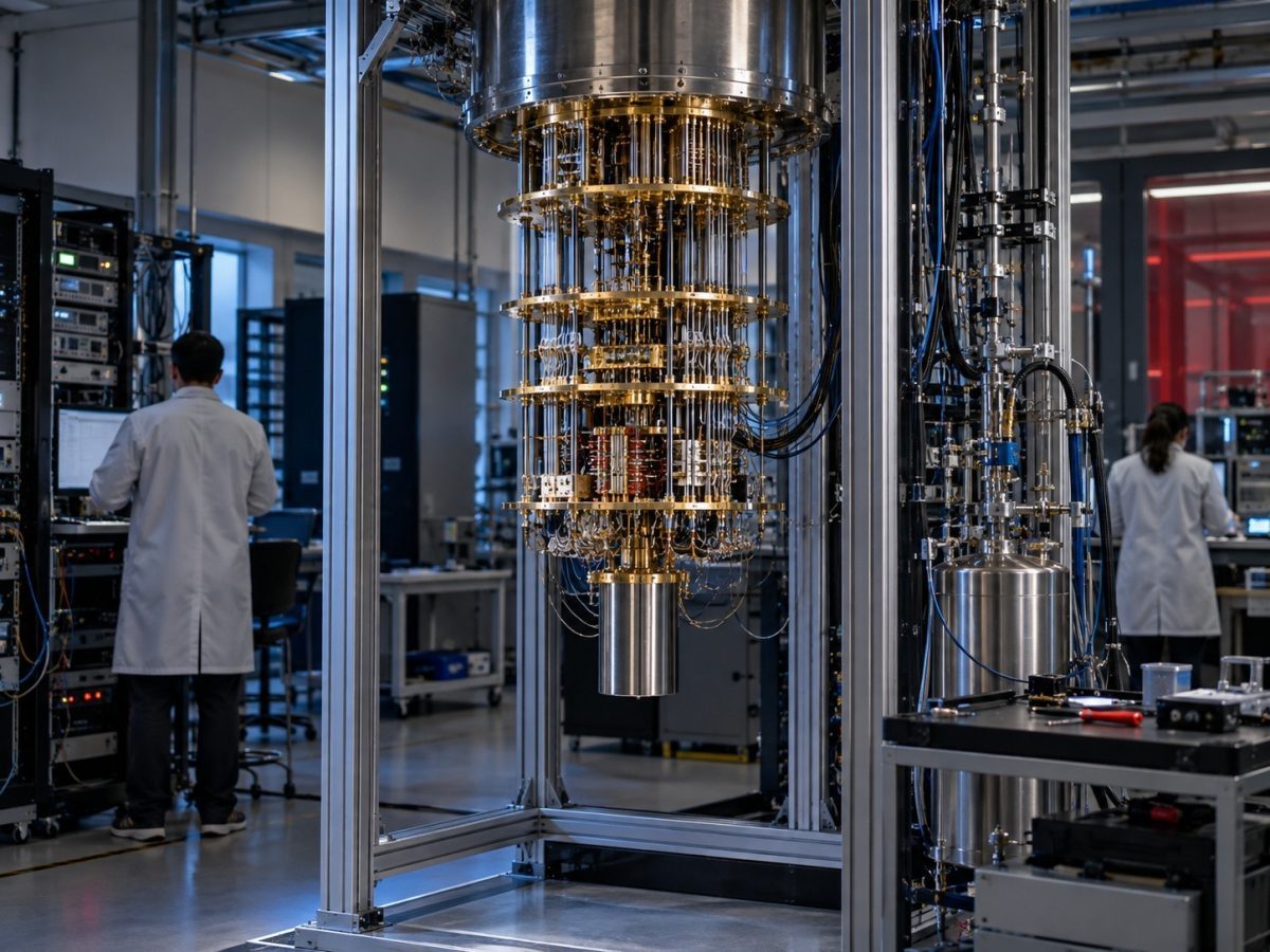 DOE Quantum Genesis Q Competition — Editorial illustration of a fault-tolerant quantum computer undergoing laboratory validation
