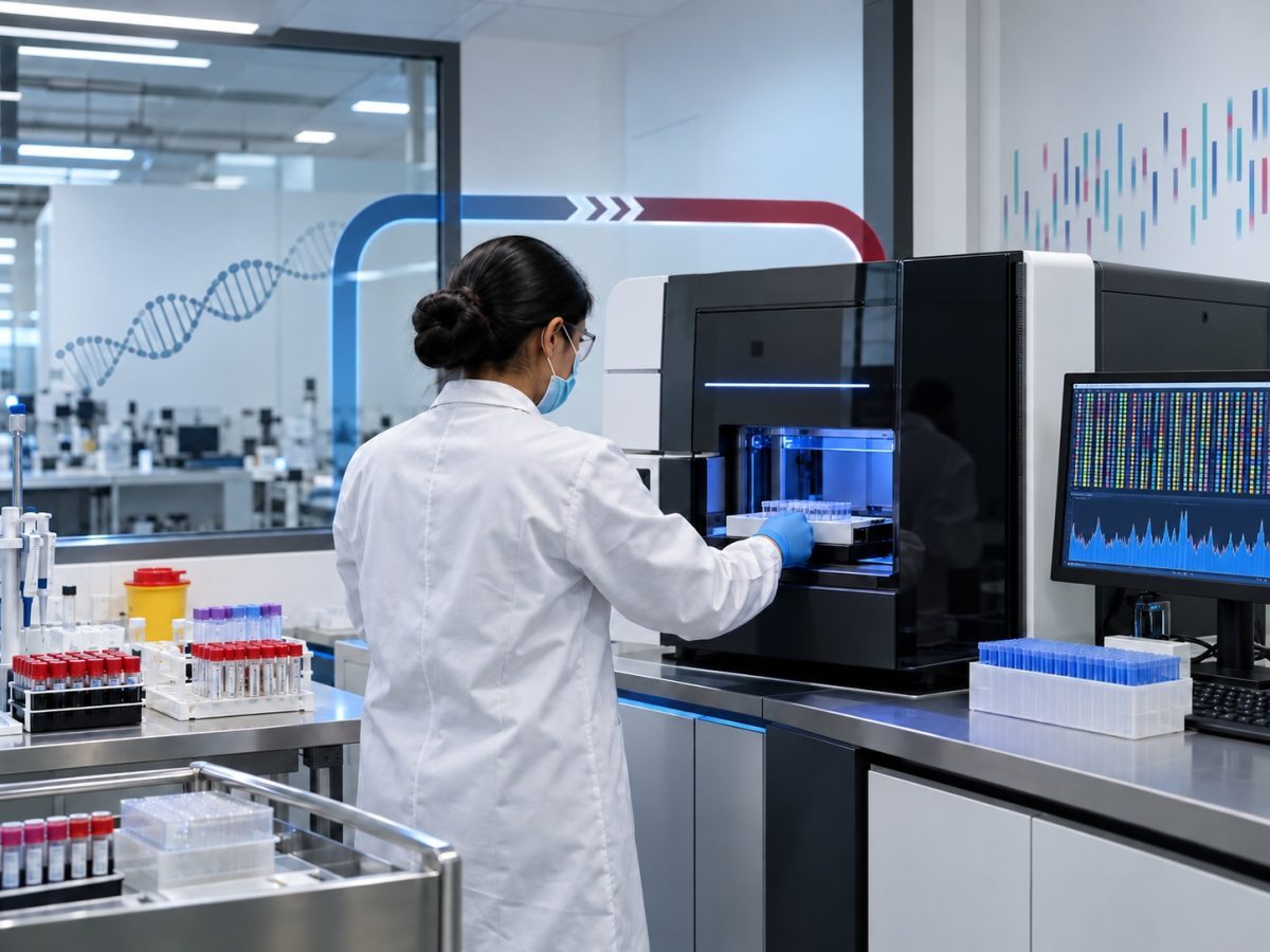 Dr Lal PathLabs acquisition illustrated by a scientist processing diagnostic samples in a modern genomics sequencing laboratory.